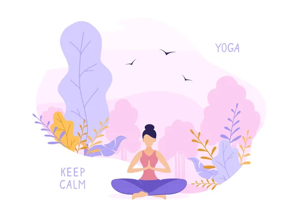 Girl Does Yoga Meditation Park Pink Purple Nature Background Beautiful — Stock Vector