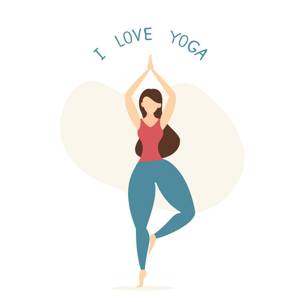 Концепция позитивного тела, красоты и здорового образа жизни. Плюс размер женщины, стоящей в позе дерева. Фотография с девочкой в плоском карикатурном стиле и текстом I Love Yoga на белом фоне