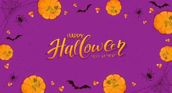 Calabazas Sobre Fondo Púrpura Halloween Con Caramelos Murciélagos Arañas Tarjeta — Vector de stock