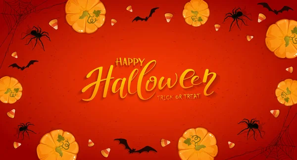 Pumpkins Red Halloween Background Candies Bats Spiders Card Jack Lanterns — Stock Vector