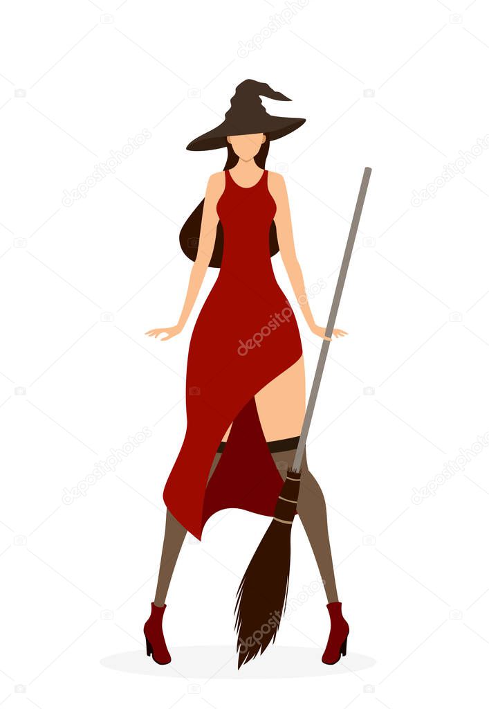 Beautiful sexy witch in red dress with black hat and broom. Halloween cute character. Pretty lady for Holiday. Illustration with girl in flat cartoon style isolated on white background.