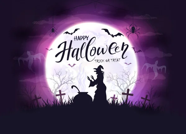 紫色の夜の背景に魔女 コウモリ クモと幸せなハロウィーンのテーマ ムーンの背景に休日のレタリング イラストは服や子供の休日のデザイン カード バナーに使用することができます — ストックベクタ