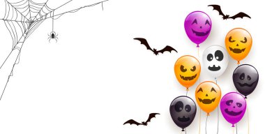 Örümcek ağında örümcek ağı ve beyaz arka planda izole edilmiş korkutucu gülümsemeleri olan turuncu, beyaz, siyah ve mor balonlar. İllüstrasyon çocukların tatil tasarımı, dekorasyonu, kartı, afişi için kullanılabilir