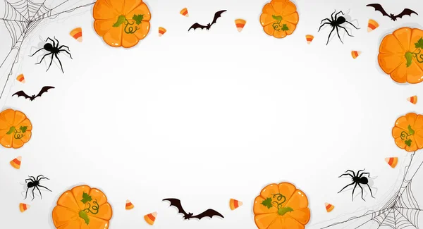 Pumpkins on white Halloween background with candies, bats and spiders. Card with Jack O' Lanterns. Illustration can be used for children's holiday design, banners, cards — Stock Illustration Pumpkins White Halloween Background Candies Bats Spiders Card Jack Lanterns Stock Vector