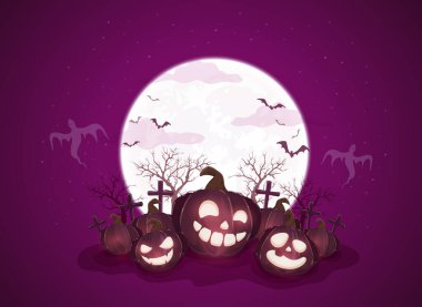 Mor arka planda balkabaklarıyla Cadılar Bayramı temanız kutlu olsun. Ay ışığında Jack O 'Lanternler ile tatil teması. İllüstrasyon çocukların tatil tasarımı, kartları, afişleri için kullanılabilir