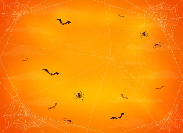 クモの巣に黒いクモと飛ぶコウモリとオレンジの夜の背景 イラストは子供の休日のデザイン カード 招待状やバナーに使用できます — ストックベクタ