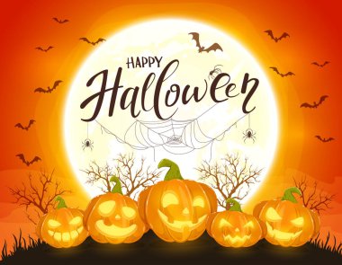 Smiling pumpkins on orange Halloween background with full moon. Card with Jack O' Lanterns, bats and spiders.  clipart