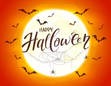 Büyük Ay 'la turuncu arka planda Mutlu Cadılar Bayramı' nı kutluyoruz. Üzerinde siyah örümcekler, örümcek ağları ve uçan yarasalar olan bir kart. İllüstrasyon, çocukların tatil tasarımı, dekorasyonu, kartları, afişleri için kullanılabilir