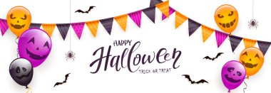 Cadılar Bayramı pankartı, balonlu korkunç gülüşler, flamalar, örümcekler ve beyaz arka planda yarasalar. İllüstrasyon, çocukların tatil tasarımı, dekorasyonu, kartları, afişleri için kullanılabilir