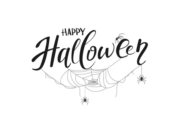 Lettering Feliz Halloween Con Arañas Sobre Araña Aislada Sobre Fondo — Vector de stock