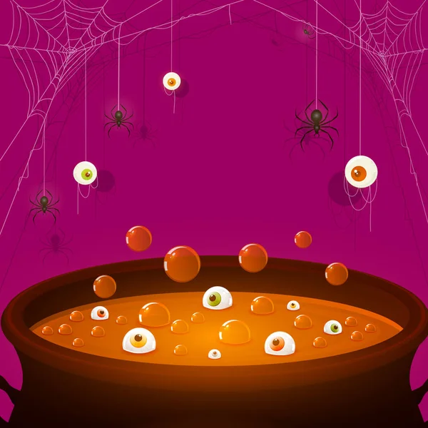 Halloween Purple Background Scary Eyes Spiders Web Orange Potion Cauldron — Stock Vector