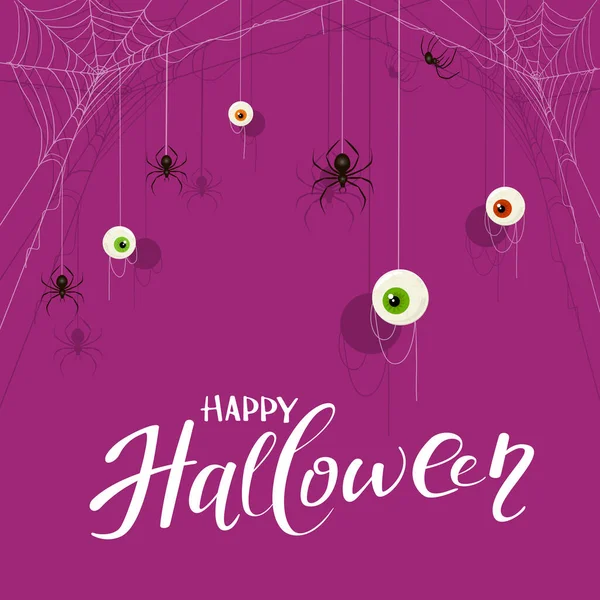Texto Feliz Halloween Sobre Fondo Púrpura Con Ojos Miedo Arañas — Archivo Imágenes Vectoriales
