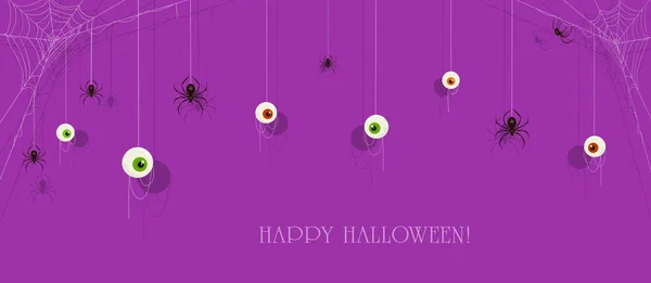 Texto Feliz Halloween Banner Púrpura Con Ojos Miedo Arañas Negras — Vector de stock