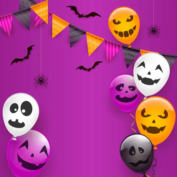 Set of colored balloons with scary smiles, pennants, streamers, bats and spiders on purple background. Illustration can be used for children's holiday design, decoration, card, banner — Stock Illustration Set Colored Balloons Scary Smiles Pennants Streamers Bats Spiders Purple Stock Vector
