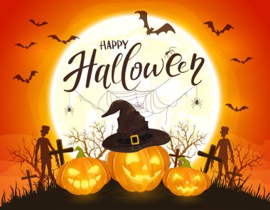 Cadılar Bayramı 'nın turuncu arka planında dolunaylı cadı şapkalı balkabakları. Fenerli kart, yarasalar, zombiler ve örümcekler. İllüstrasyon çocukların tatil tasarımı, kartları, afişleri için kullanılabilir