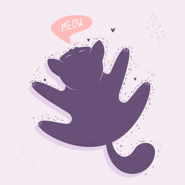 Lindo Gato Sobre Fondo Rosa Gatito Púrpura Dice Maullido Ilustración — Vector de stock