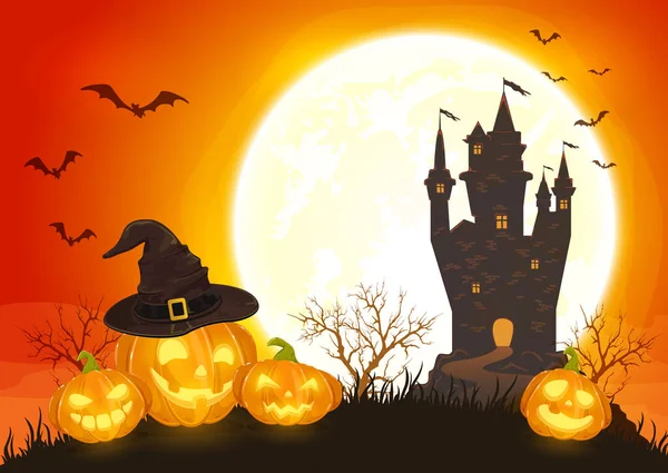 Pumpkins in witch's hat on orange background with dark castle and moon. Holiday card with Jack O Lanterns, bats and spiders. Illustration in cartoon style can be used for holiday cards, banners — Stock Illustration Pumpkins Witch Hat Orange Background Dark Castle Moon Holiday Card Stock Illustration