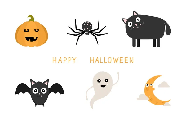 Texto Feliz Halloween Conjunto Iconos Planos Dibujos Animados Aislados Sobre — Archivo Imágenes Vectoriales