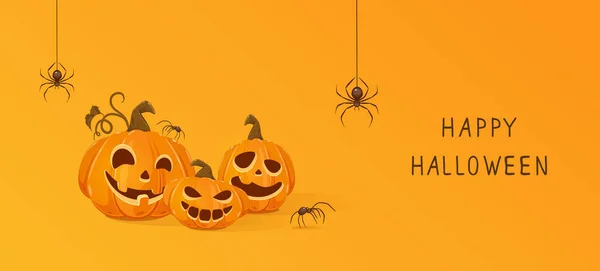Drei Halloween Kürbisse Und Schwarze Spinnen Auf Orangenem Hintergrund Jack — Stockvektor