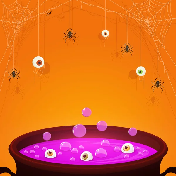 Halloween Orange Background Scary Eyes Spiders Web Purple Potion Cauldron — Stock Vector