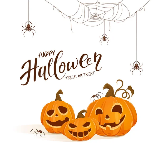 Lettering Feliz Halloween Calabazas Con Arañas Negras Sobre Fondo Blanco — Vector de stock