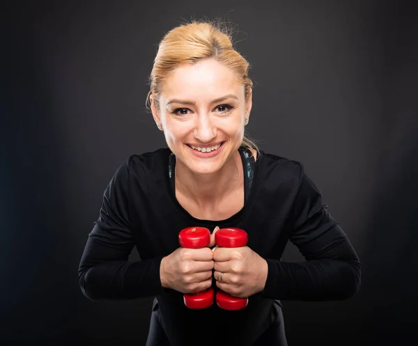 Pretty Gym Female Trainer Making Exercises Dumbbells Black Background — Stock Photo, Image