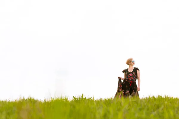 Cool Fashionable Woman Posing Wind Wearing Dress Shades Grass Countryside — Stock Photo, Image