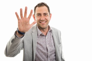 İş adamı gösteren boşaltmak reklam alan beyaz zemin üzerine izole beş numaralı portresi