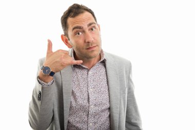 Bana jest boşaltmak reklam alan beyaz zemin üzerine izole iş adam gösteren çağrı portresi