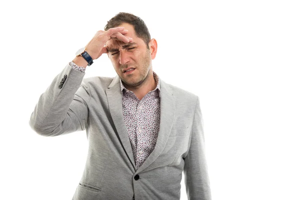 Portret Van Zakenman Tonen Hoofdpijn Gebaar Geïsoleerd Witte Achtergrond Met — Stockfoto