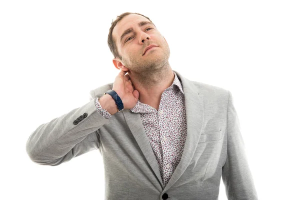 Retrato Del Hombre Negocios Mostrando Gesto Dolor Cuello Aislado Sobre — Foto de Stock