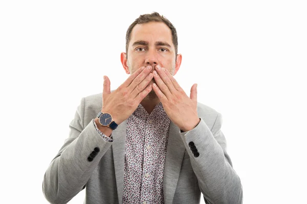 Portrait Business Man Covering Mouth Gesture Isolated White Background — Stock Photo, Image