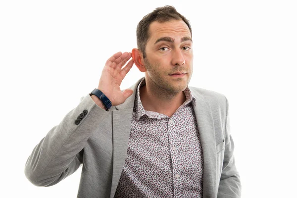 Beyaz arka plan üzerinde izole jest yapmak iş adamı portresi duyamıyorum