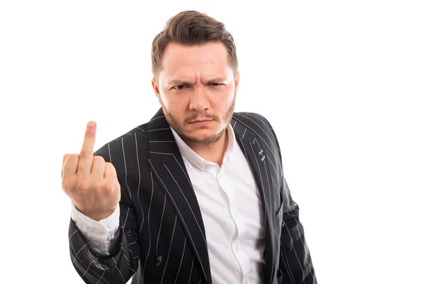 Portrait Angry Business Man Showing Middle Finger Isolated White Background — Stock Photo, Image