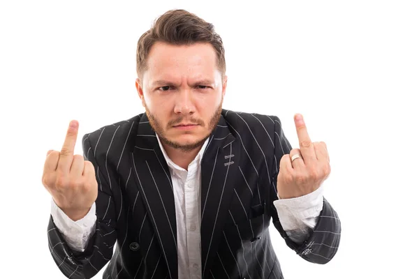 Portrait Angry Business Man Showing Double Middle Finger Isolated White — Stock Photo, Image