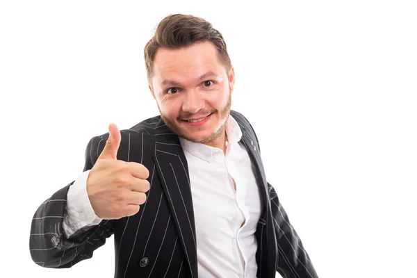 Portrait Business Man Showing Thumb Gesture Isolated White Background Copyspace — Stock Photo, Image