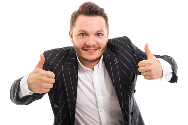 Portrait Business Man Showing Double Thumb Gesture Isolated White Background — Stock Photo, Image