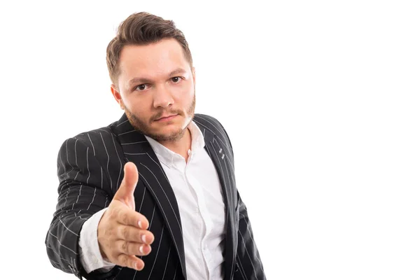 Portrait Business Man Showing Handshake Gesture Isolated White Background Copyspace — Stock Photo, Image