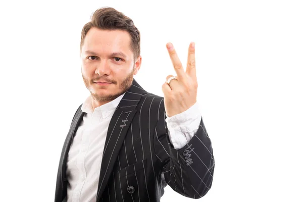 Portrait Business Man Showing Number Two Isolated White Background Copyspace — Stock Photo, Image