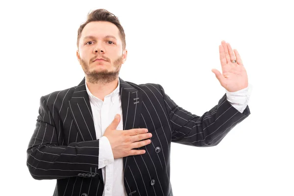Portrait Business Man Showing Oath Gesture Isolated White Background — Stock Photo, Image