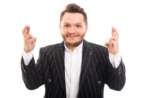 Retrato Del Hombre Negocios Mostrando Gesto Los Dedos Cruzados Dobles — Foto de Stock