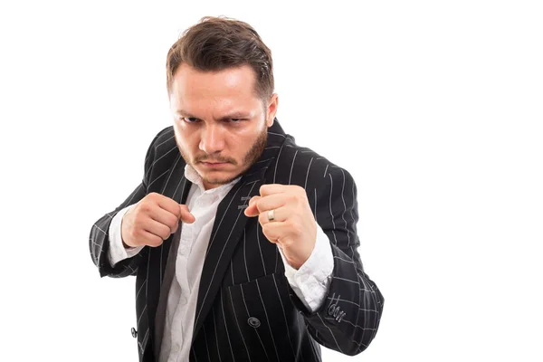 Portrait Business Man Showing Double Fist Fighting Isolated White Background — Stock Photo, Image