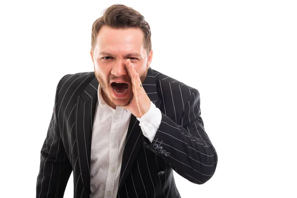 Portrait Business Man Screaming Out Loud Isolated White Background Copyspace — Stock Photo, Image