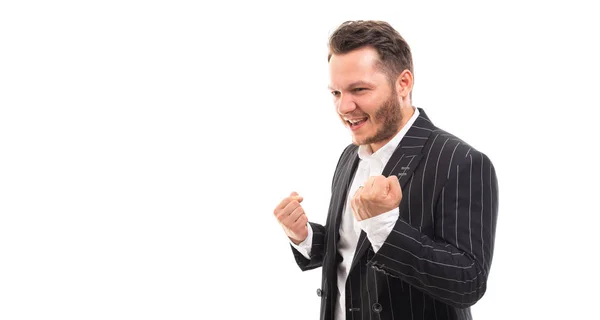 Portrait Business Man Showing Winning Gesture Isolated White Background Copyspace — Stock Photo, Image