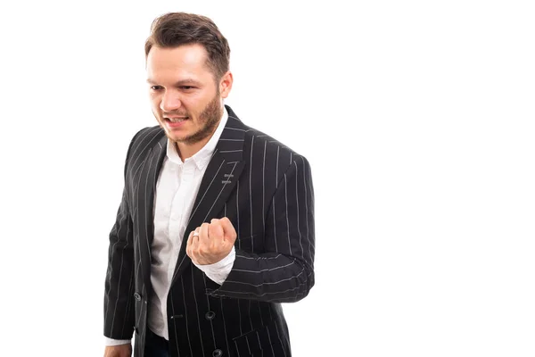 Portrait Business Man Showing Winning Gesture Isolated White Background Copyspace — Stock Photo, Image