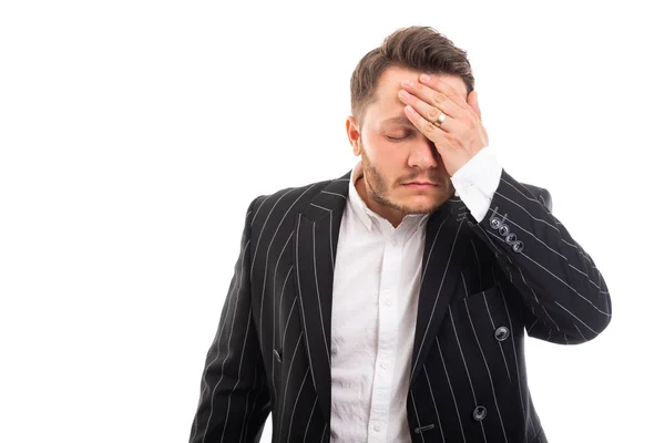 Portrait Business Man Showing Headache Gesture Isolated White Background Copyspace — Stock Photo, Image