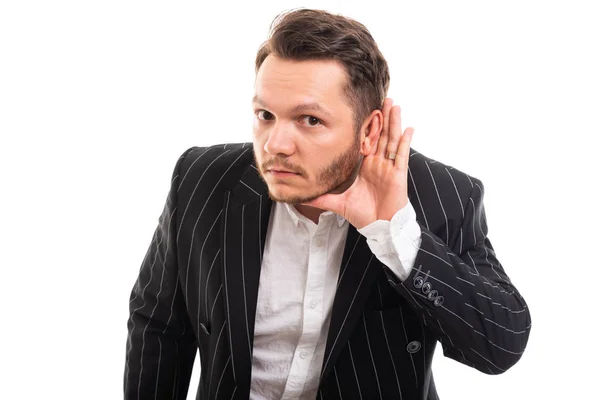 Retrato Del Hombre Negocios Mostrando Puede Escuchar Gesto Aislado Sobre — Foto de Stock