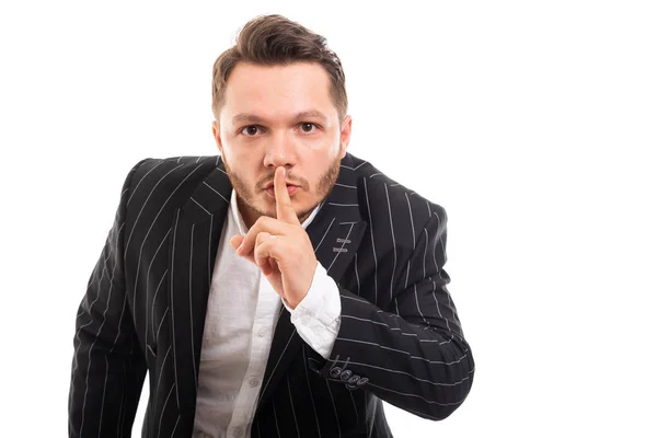 Portrait Business Man Showing Silence Gesture Isolated White Background Copyspace — Stock Photo, Image