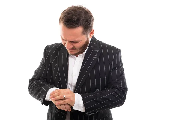 Retrato Del Hombre Negocios Mostrando Gesto Dolor Muñeca Aislado Sobre — Foto de Stock