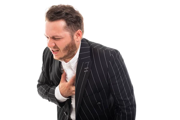 Portret Van Zakenman Met Pijn Borst Gebaar Geïsoleerd Witte Achtergrond — Stockfoto